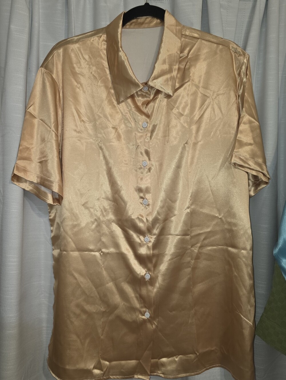 Mens Short-Sleeve Satin Button-Up Shirt - Gold